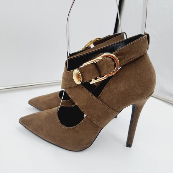 Qupid Khaki Green Cross Strap Goldtone Buckle Stilletto Heel Pointy Toe 5.5 - Picture 3 of 9